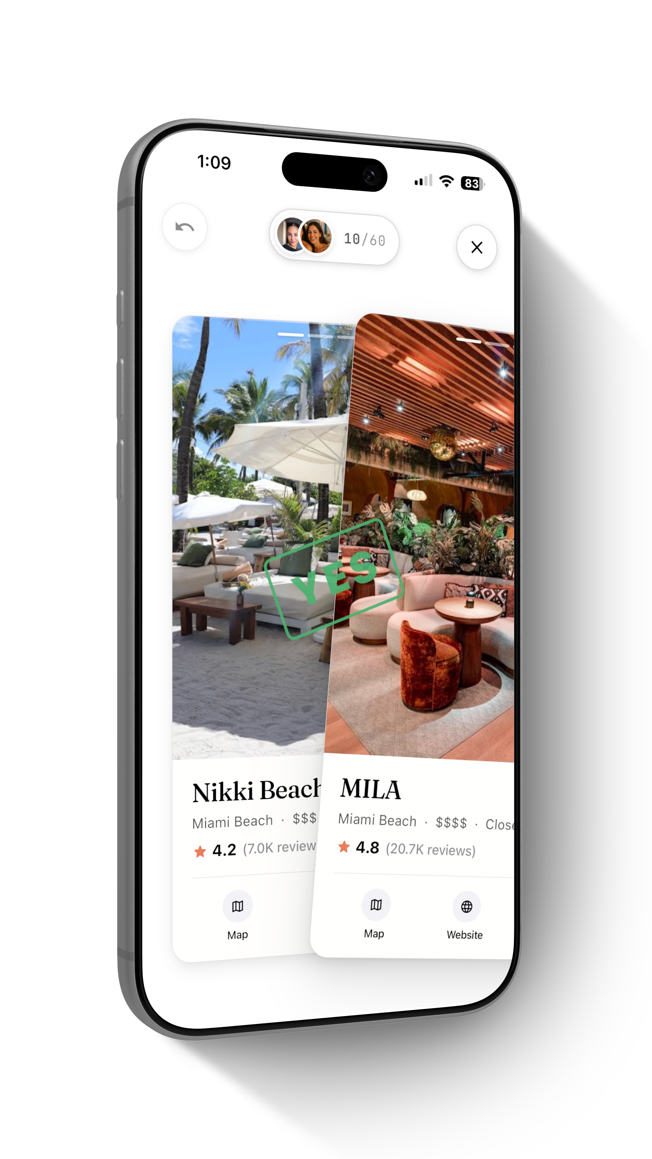SupperSwipe app showing restaurant swiping